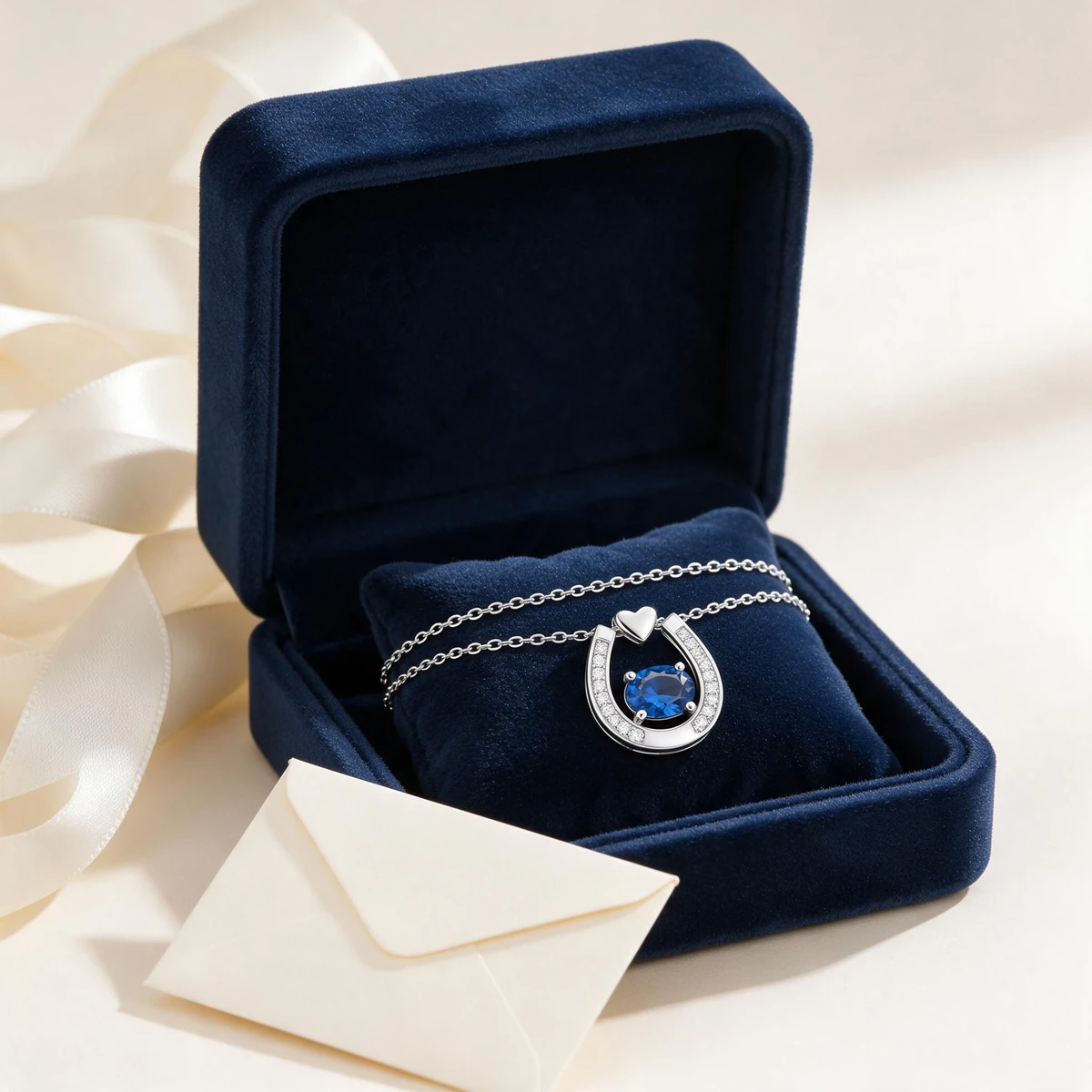 Blue Sapphire Horseshoe Pendant Necklace in Premium Navy Velvet Gift Box MIRAMETAL 925 Sterling Silver Birthstone Jewelry - blue sapphire necklace