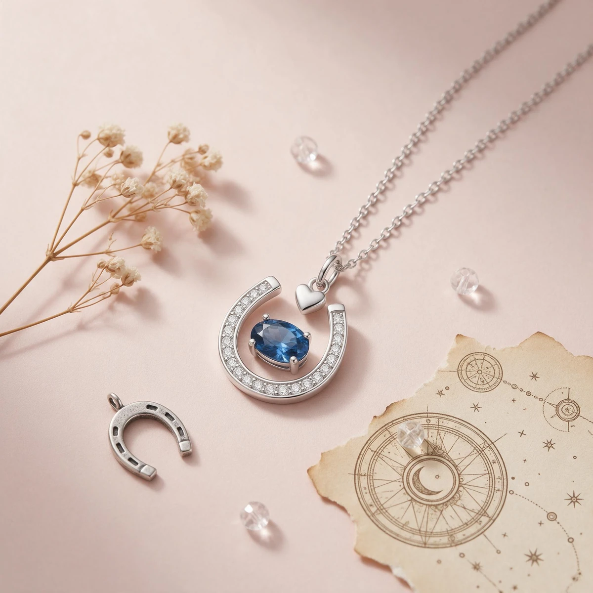 Blue Sapphire Necklace Design Story - Vintage Horseshoe Talisman with Heart Accent on Soft Pearl Pink Backdrop MIRAMETAL