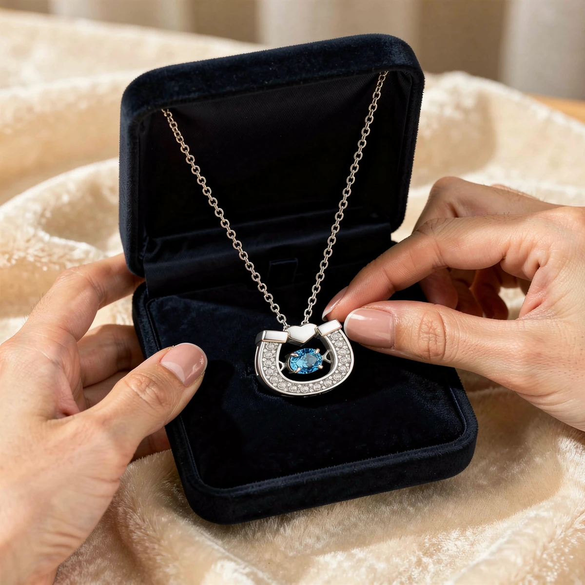 Blue Sapphire Horseshoe Pendant Necklace in Open Navy Velvet Gift Box Held in Hands - Tender Gift Moment MIRAMETAL - blue sapphire necklace