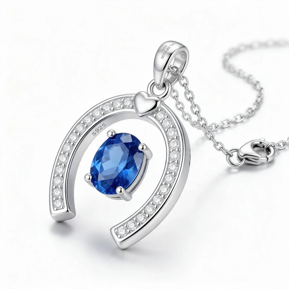 925 Sterling Silver Stamp and Rhodium Plating Detail on Blue Sapphire Horseshoe Pendant Necklace - Material Specification MIRAMETAL Birthstone - blue sapphire necklace