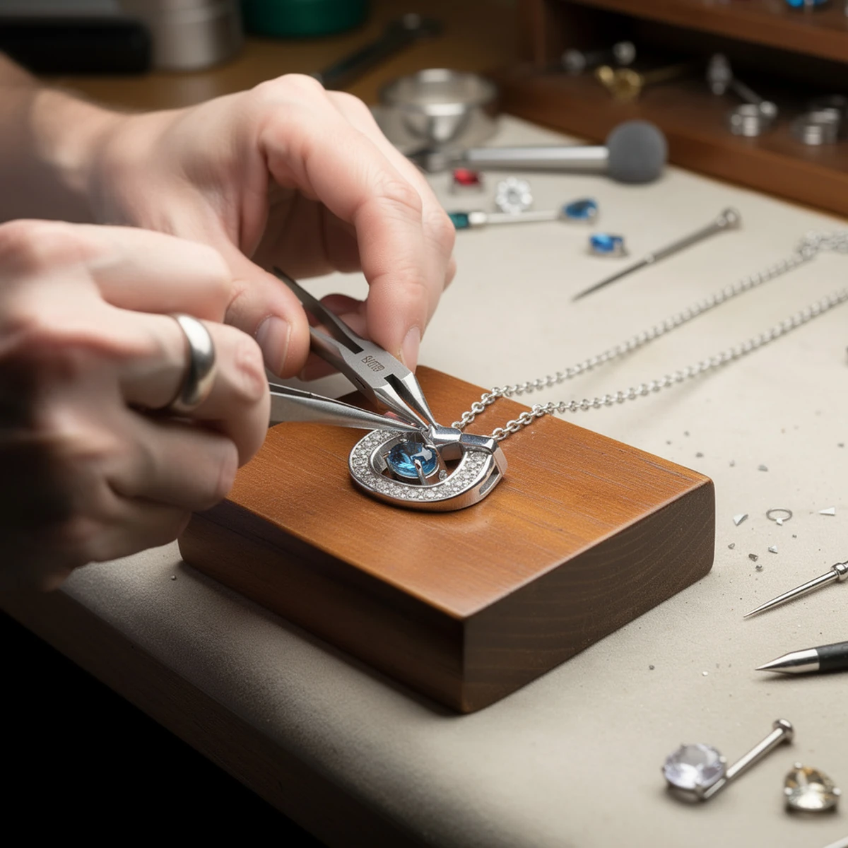 Handcrafting of 925 Sterling Silver Horseshoe Pendant Necklace with Pave Crystal Setting on Artisan Workbench MIRAMETAL Birthstone - blue sapphire necklace