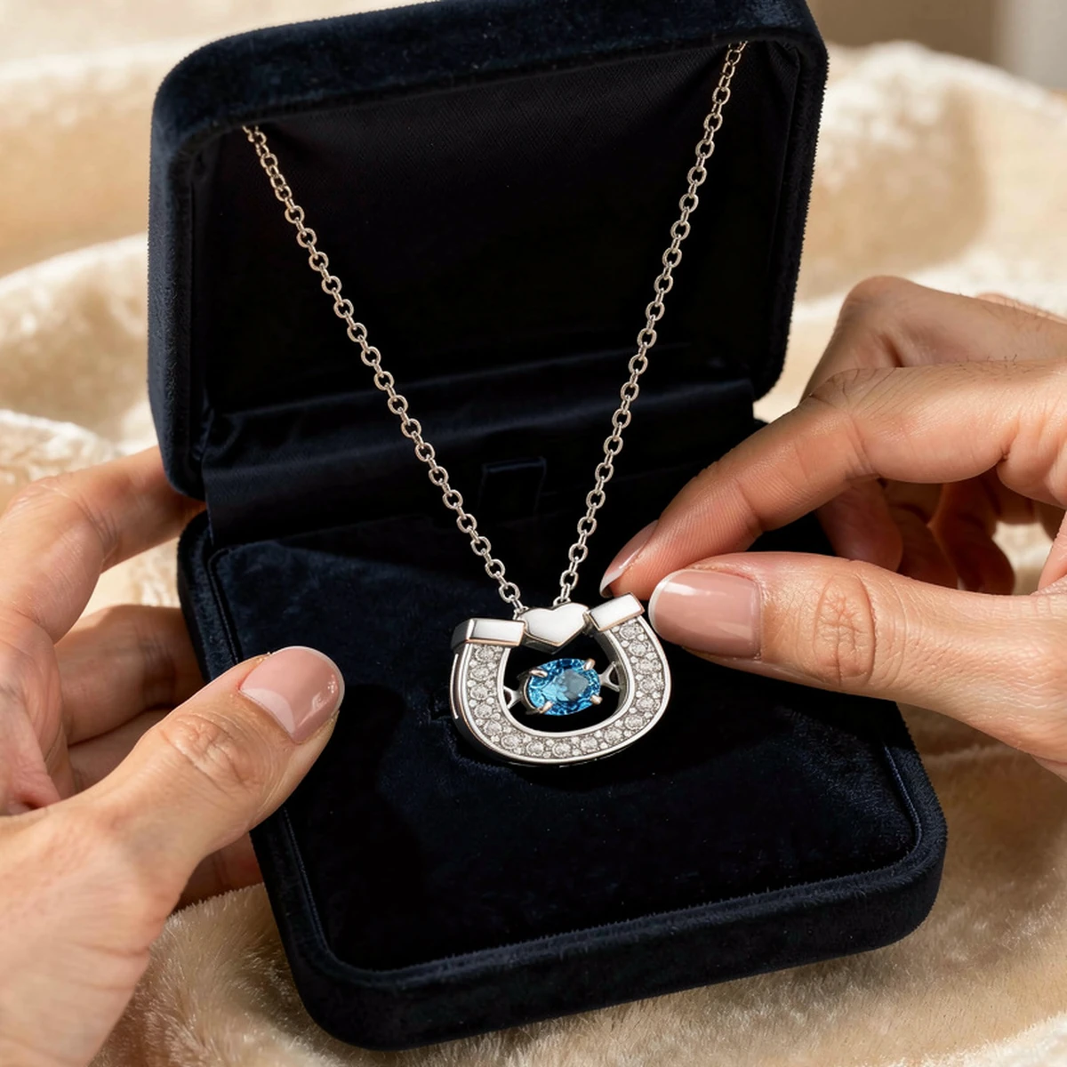 Blue Sapphire Necklace Packaging in Navy Velvet Gift Box - 925 Sterling Silver MIRAMETAL