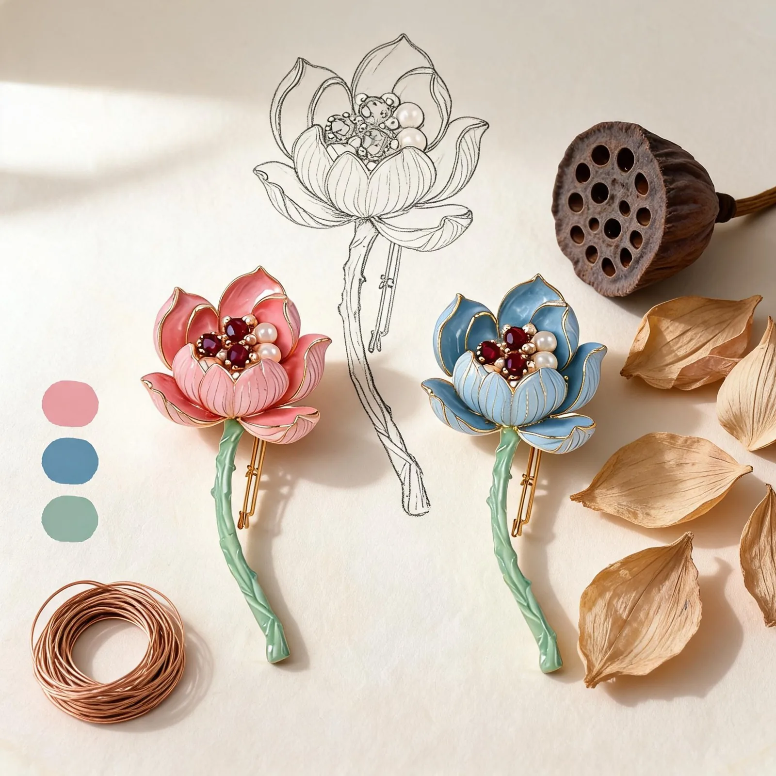 Design story of enamel lotus brooch with botanical sketch and red or green enamel inspiration