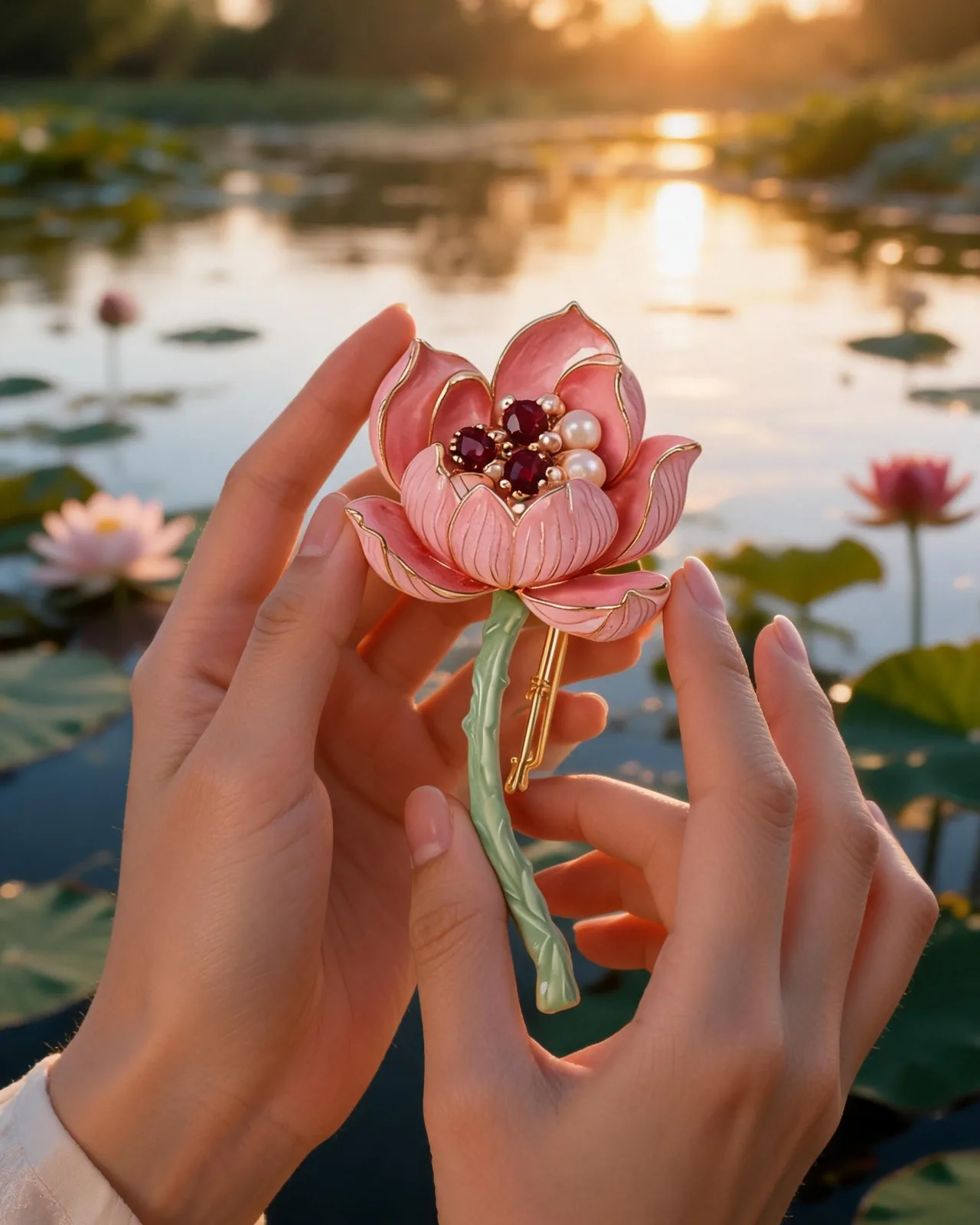 Enamel lotus brooch symbolism for wedding and anniversary gifts in red or green