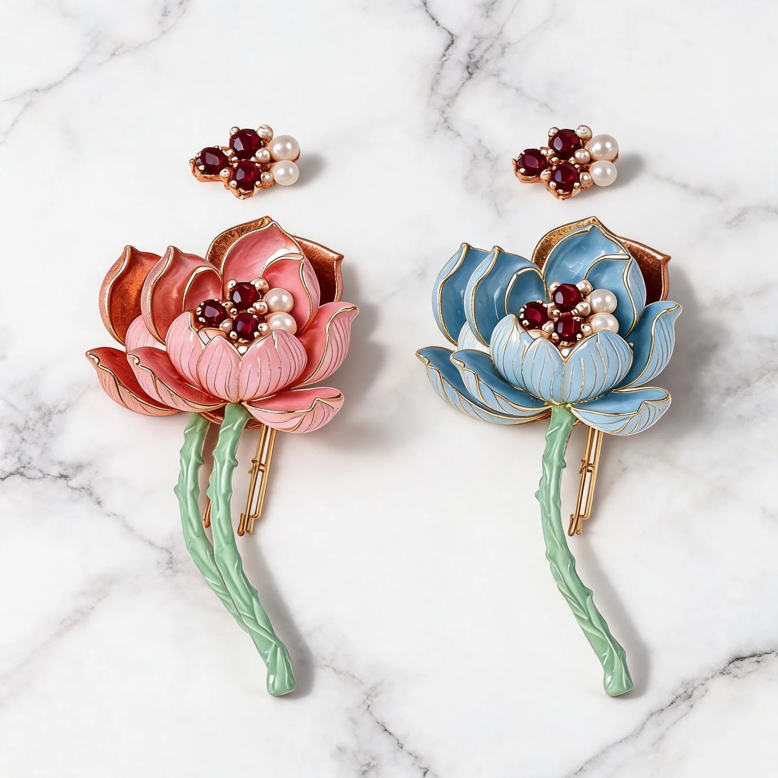 Enamel lotus brooch material specification with copper base, electroplated finish and enamel fill