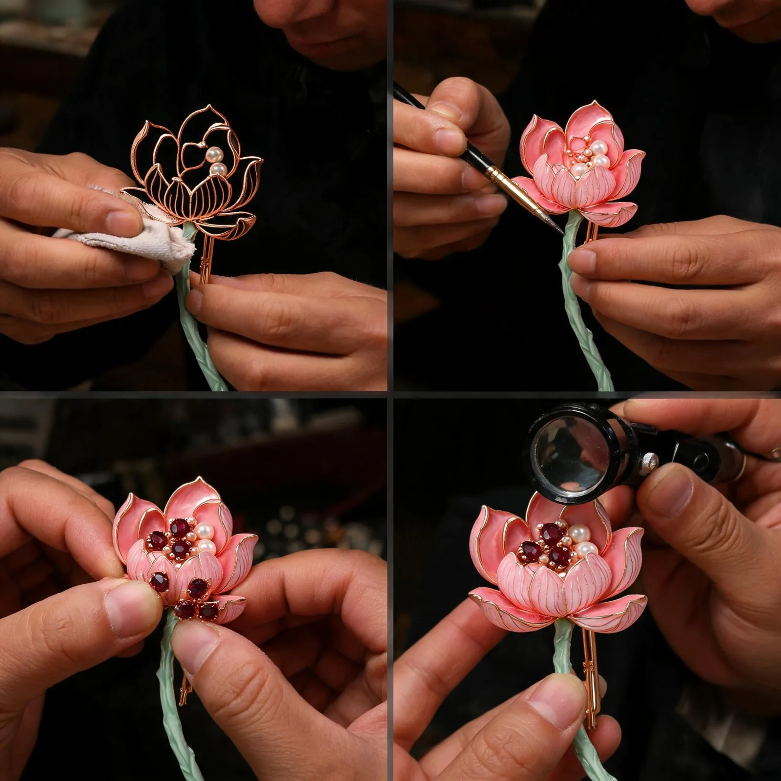 Enamel lotus brooch craftsmanship showing hand-filled enamel, stone setting and QC