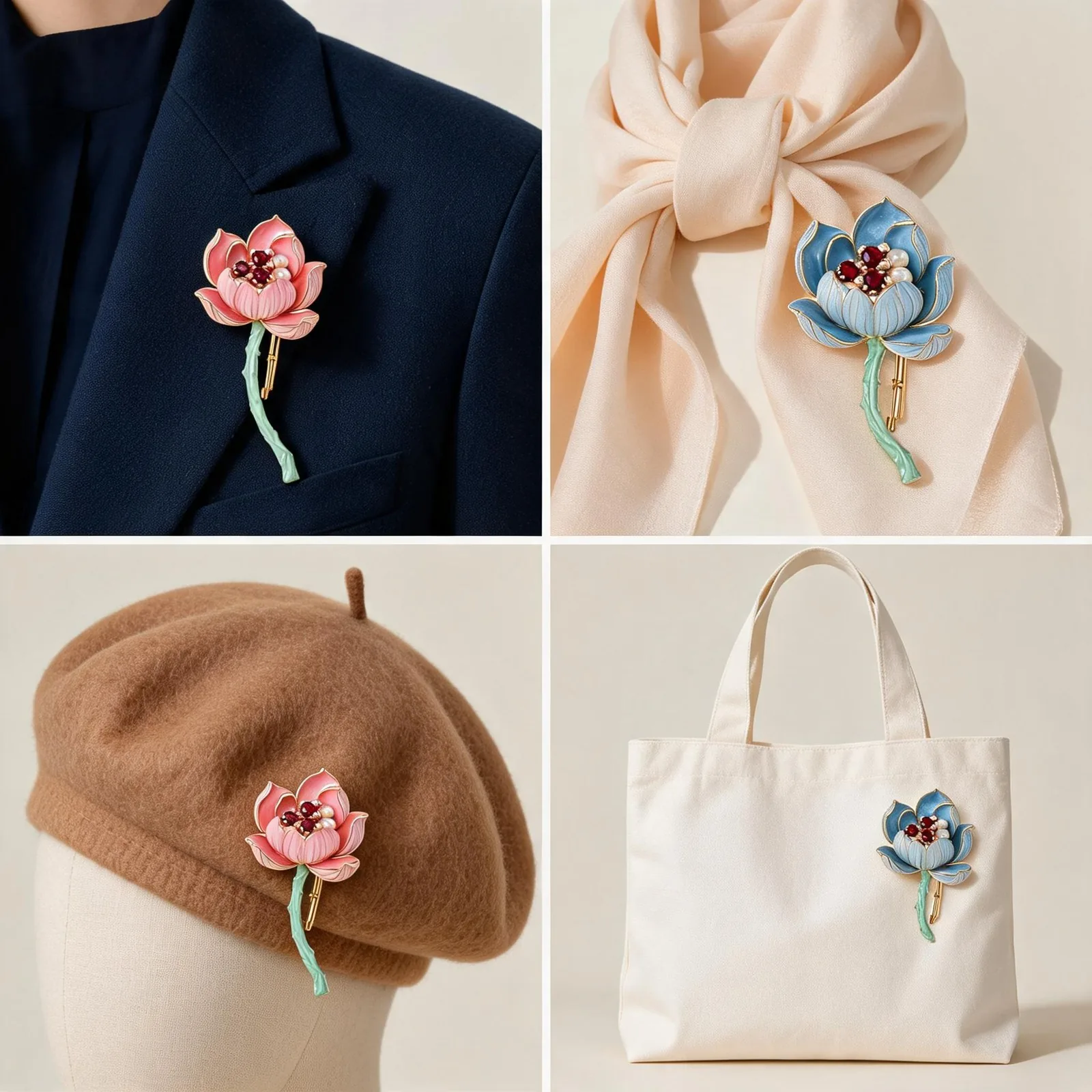 Enamel lotus brooch styling guide for blazer, scarf, hat and tote bag in red or green