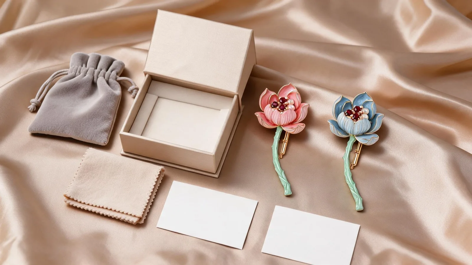 Enamel lotus brooch complete packaging set with gift box, pouch, polishing cloth and care card