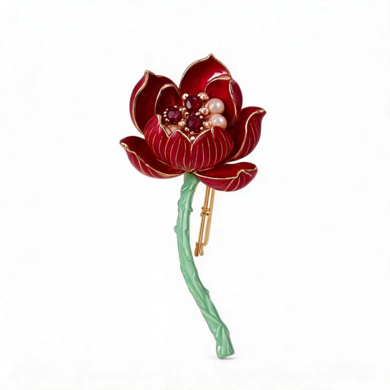 Red enamel lotus brooch with copper base, electroplated finish, wine-red gemstones and faux pearls, Chinese style lapel pin