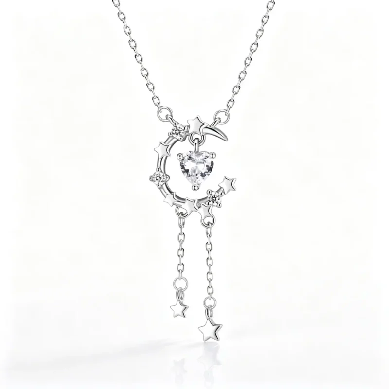 S999 silver star moon heart tassel necklace with heart pendant and star tassels