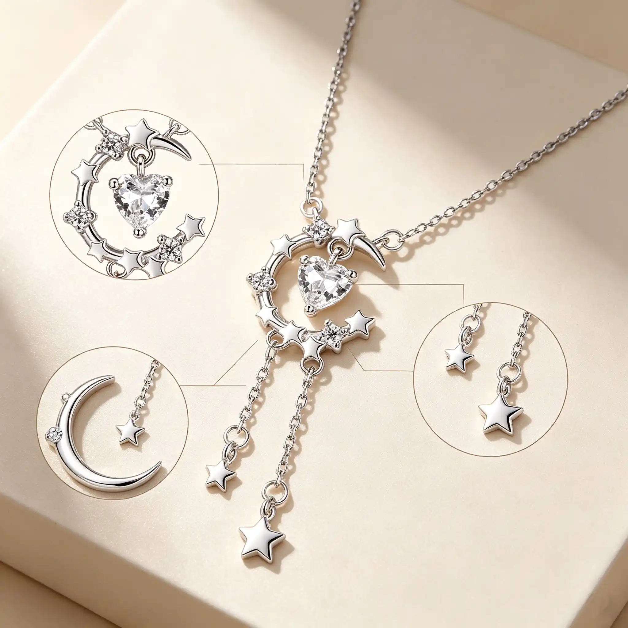 S999 silver star moon heart tassel necklace material specification with heart stone and electroplating