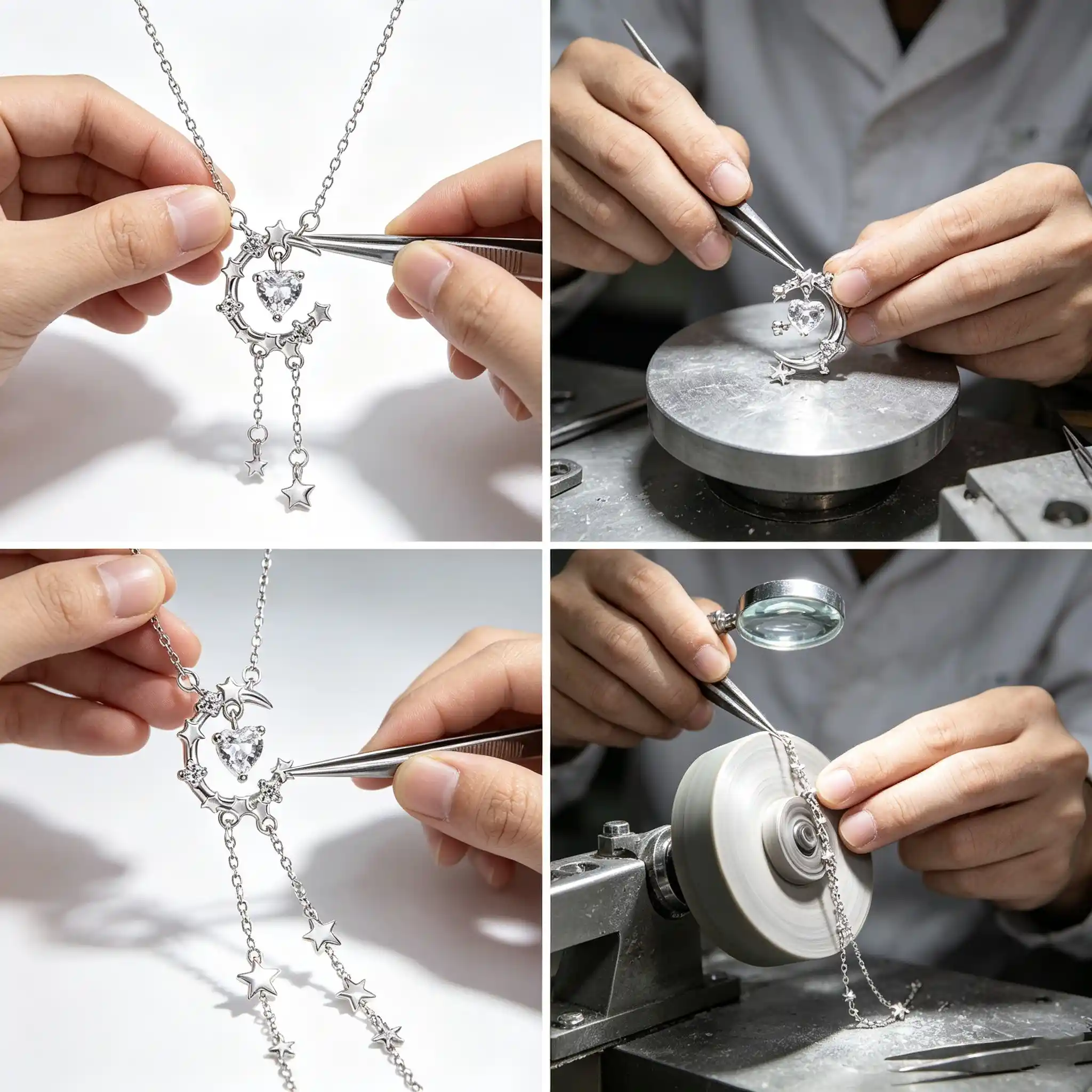 Craftsmanship of S999 silver star moon heart tassel necklace with four-prong setting and polishing