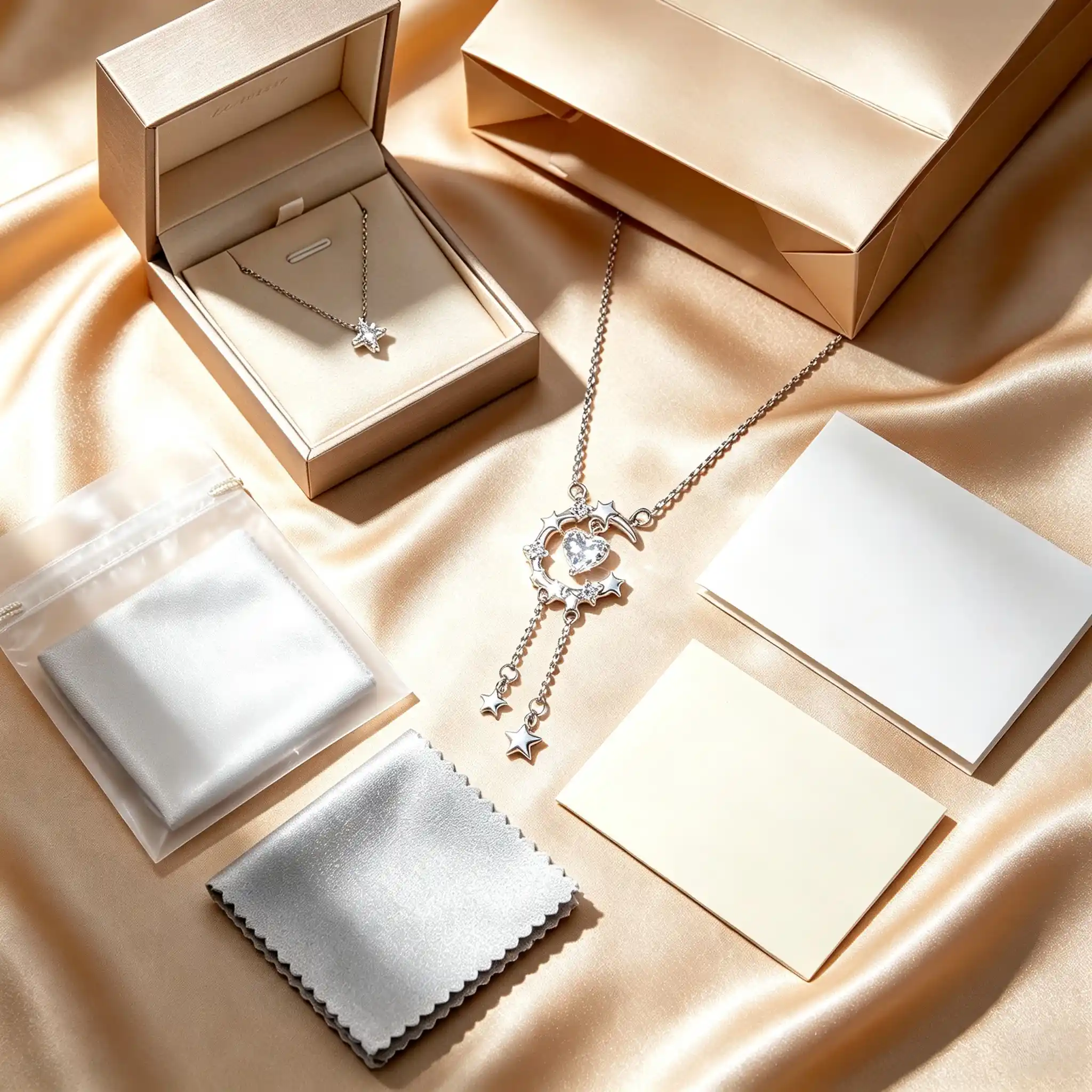 Complete packaging set for S999 silver star moon heart tassel necklace with gift box and care cloth