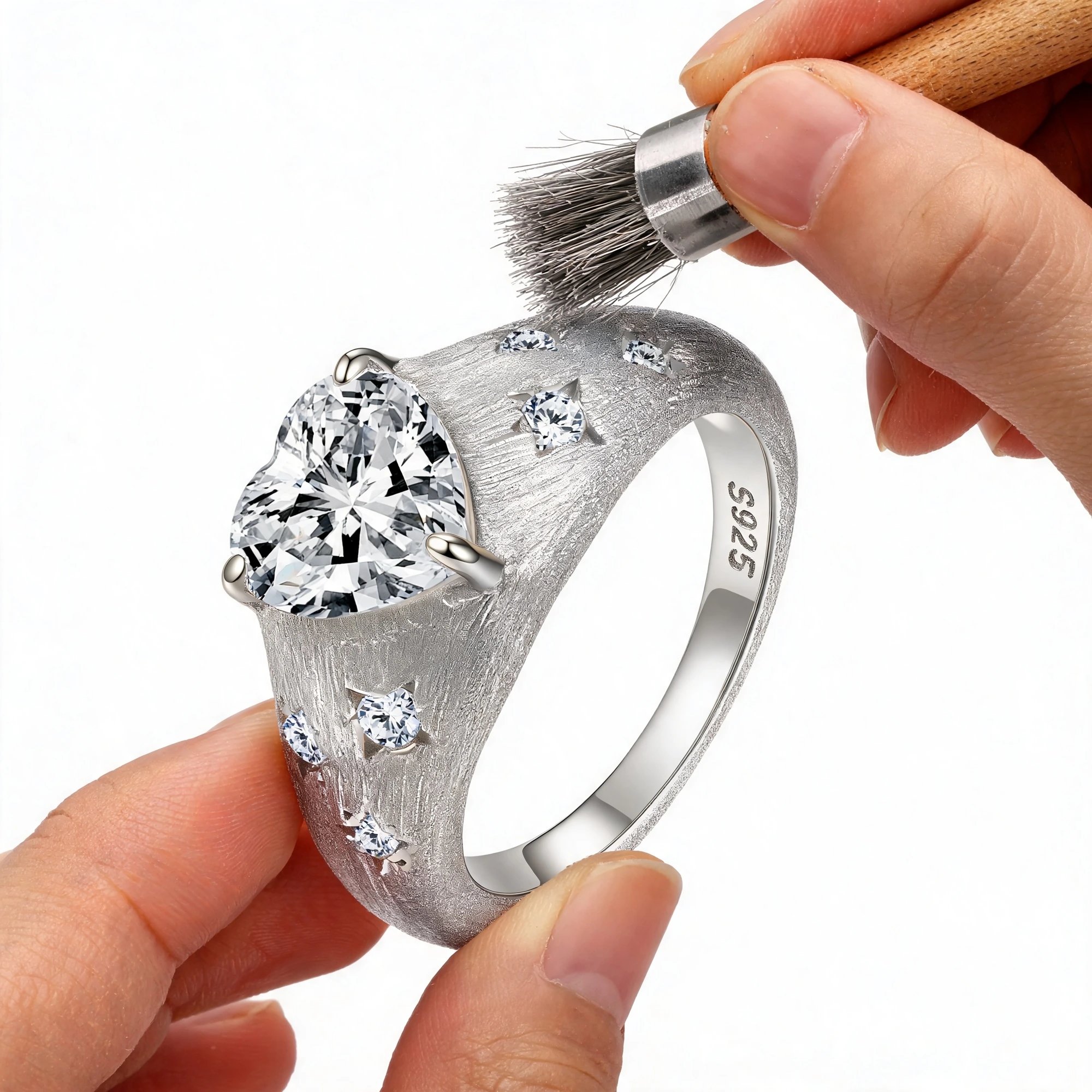 Heart Moissanite Ring Setting and Brushed Silver Finishing