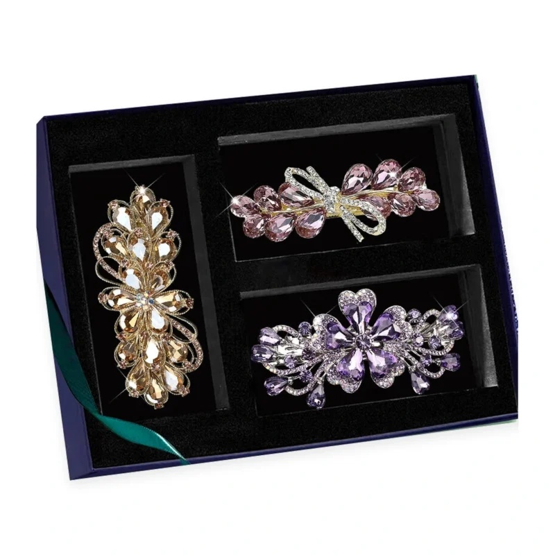 crystal hair clip gift set with three clips and navy gift box white background
