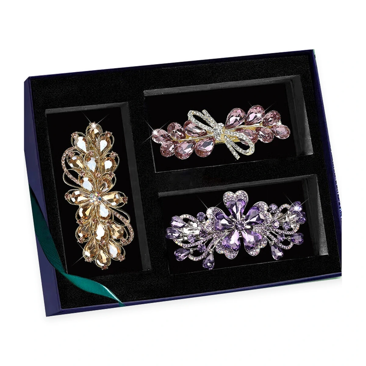 Crystal Floral Hair Clip Gift Set - 3-Piece Navy Box