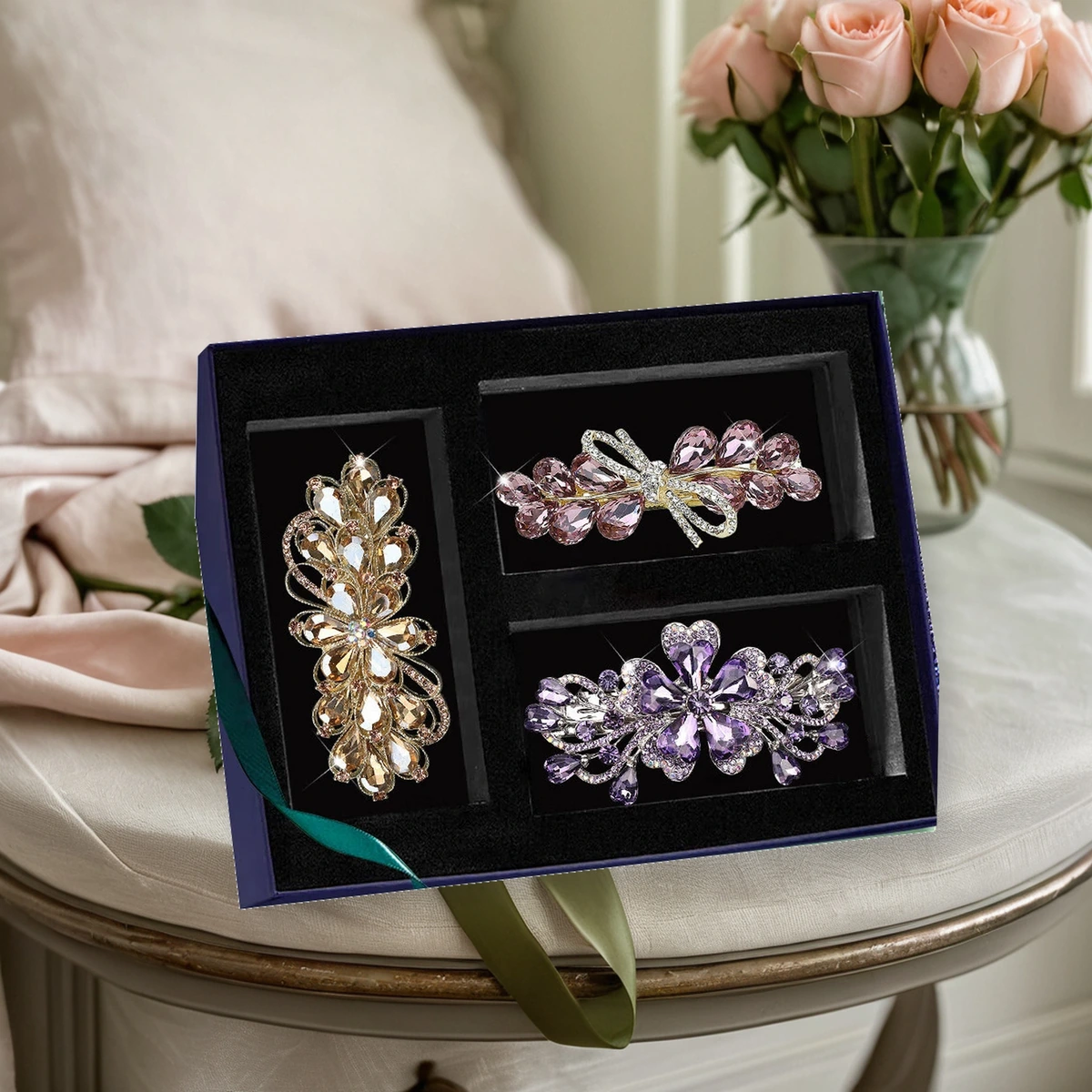 Crystal hair clip gift set navy box with morning light styling