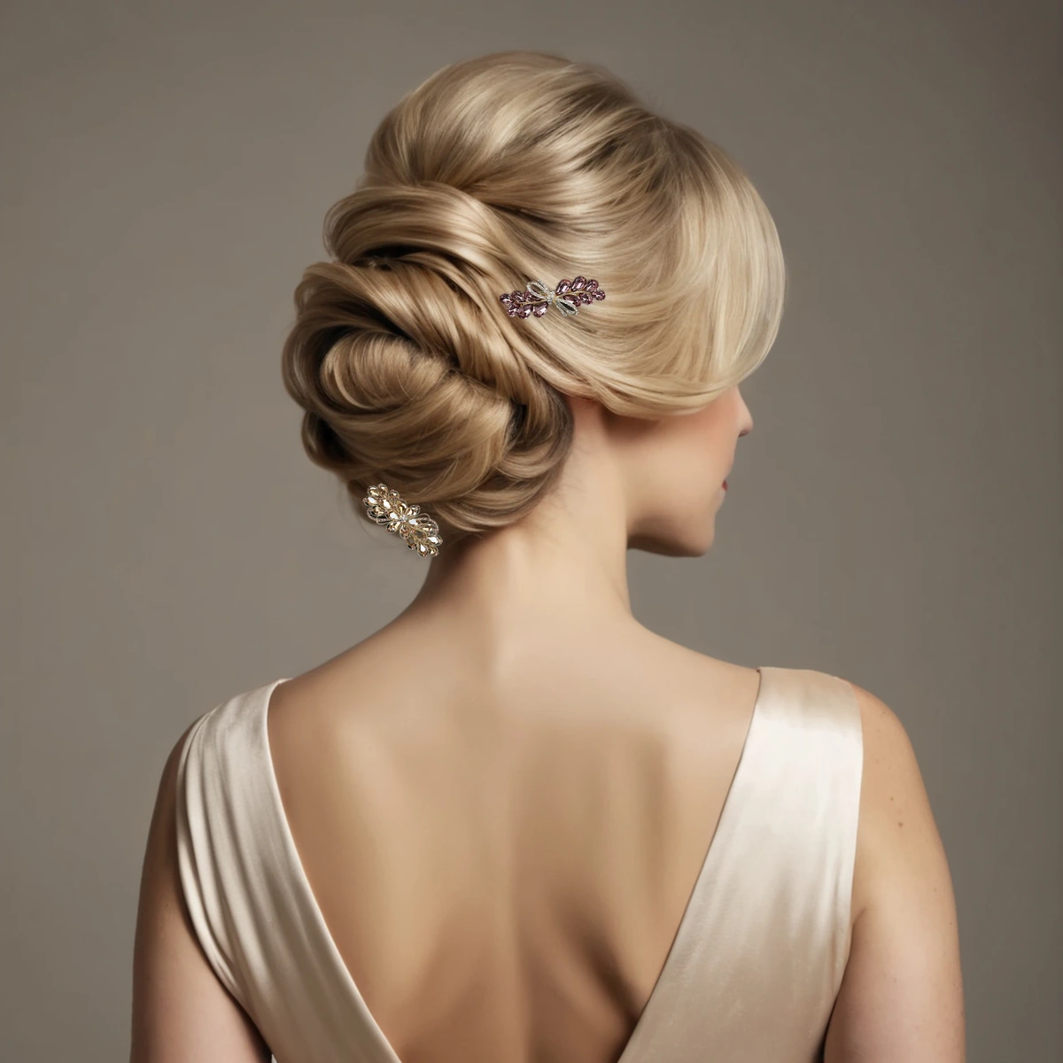 Crystal hair clip set styled in elegant updo with Western model