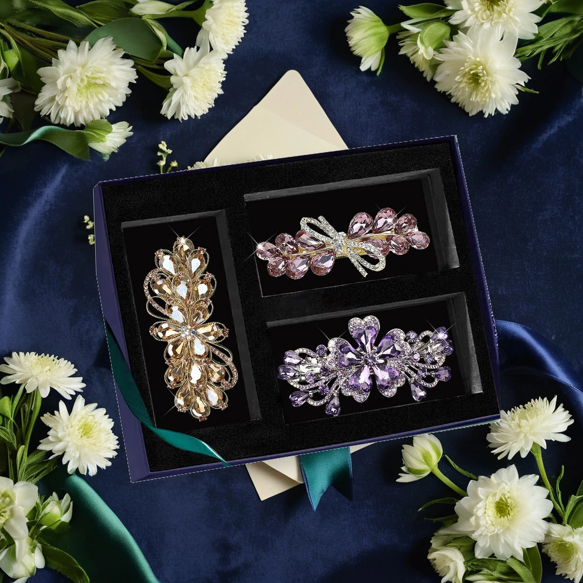Crystal hair clip gift set luxury navy flat lay with green ribbon