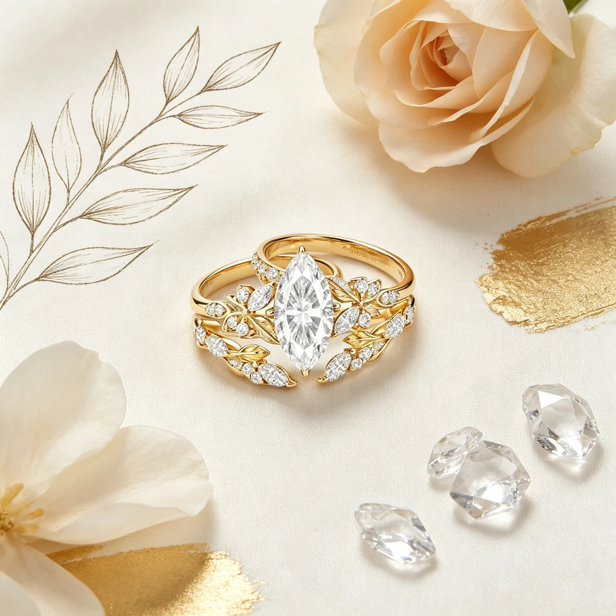 Marquise moissanite ring design story with gold swatches and floral details