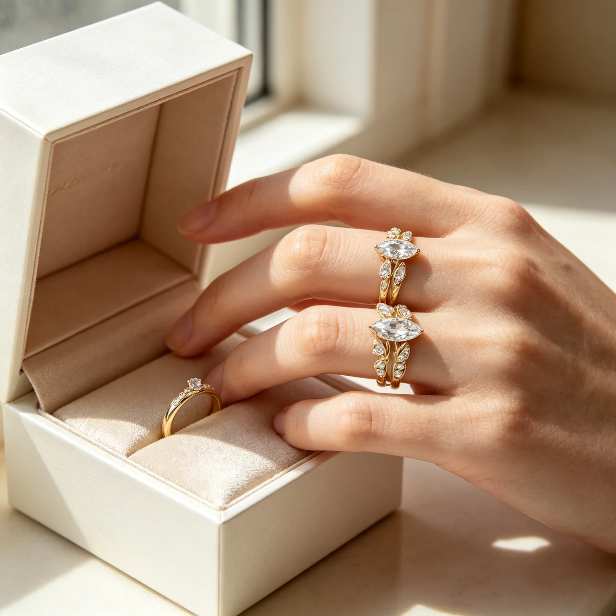 Western woman opening a gift box while wearing marquise moissanite rings