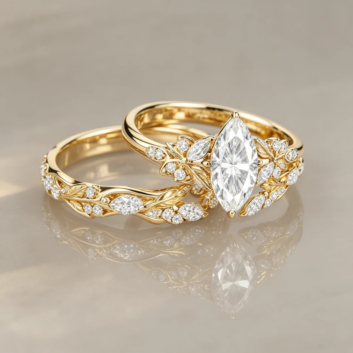 Material detail of marquise moissanite ring set in gold tone silver
