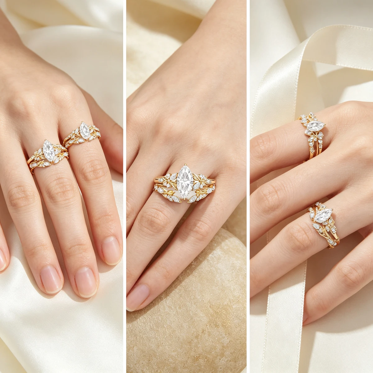 Three styling ideas for a gold tone marquise moissanite ring set