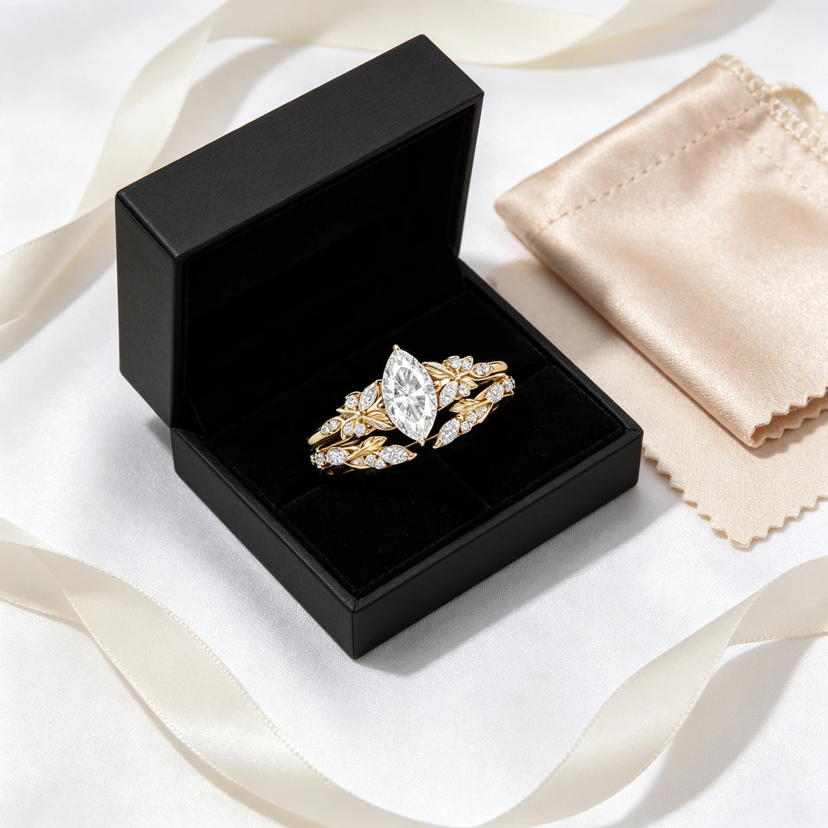 Marquise moissanite ring set with premium jewelry packaging