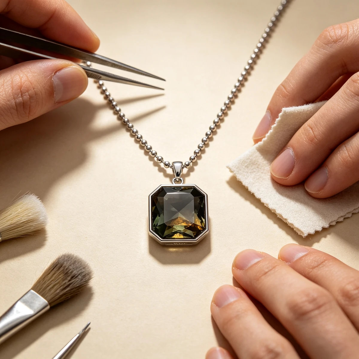 how to evaluate a jewelry factory: jeweller workbench with a finished pendant in quality check, one of the audit checkpoints when you evaluate a jewelry factory