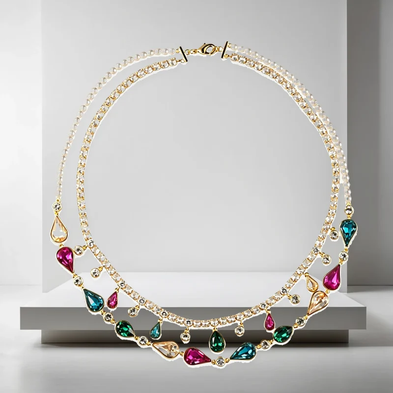Colorful Crystal Layered Necklace - Gold Tone Statement hero