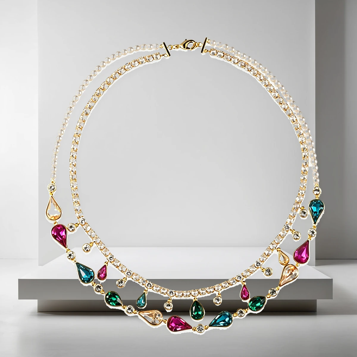 Colorful Crystal Layered Necklace - Gold Tone Statement