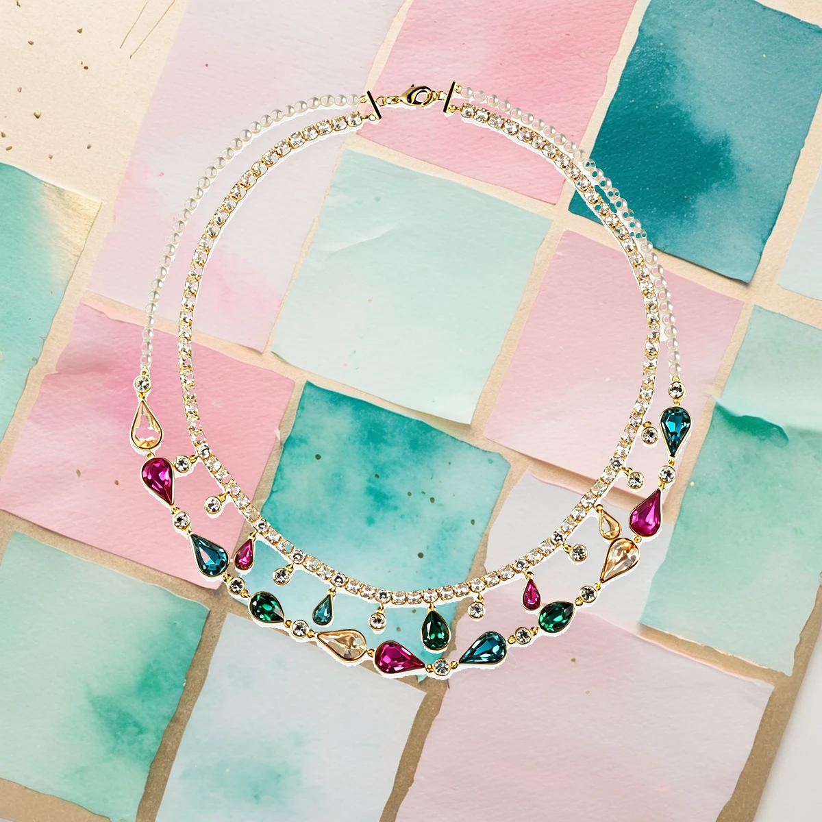 Colorful crystal necklace design story with rainbow crystal swatches