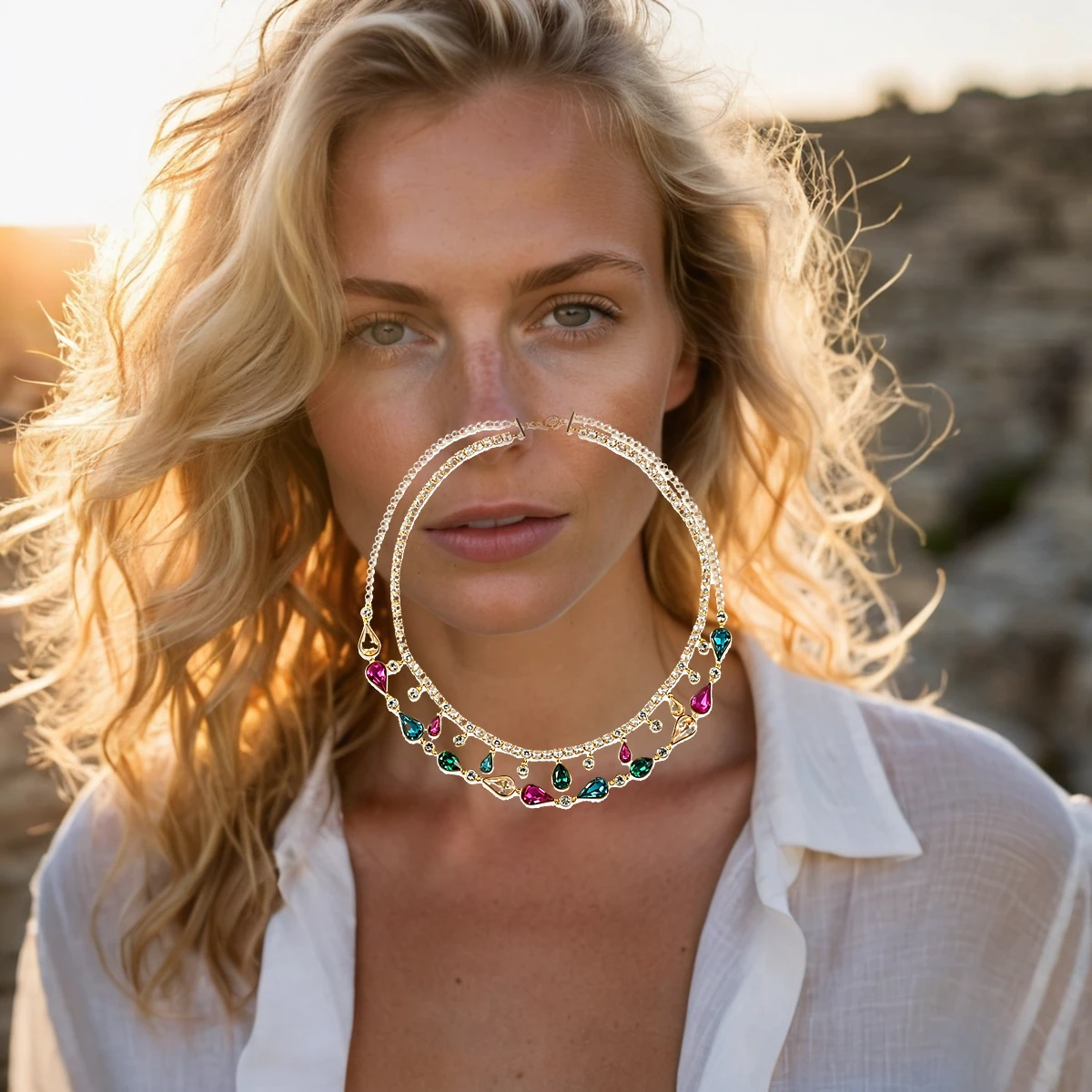 Western woman wearing colorful crystal necklace with gift styling