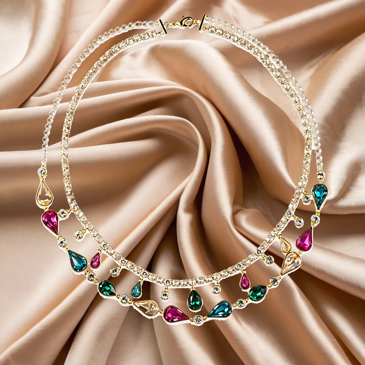 Material detail of colorful crystal necklace and gold tone chain