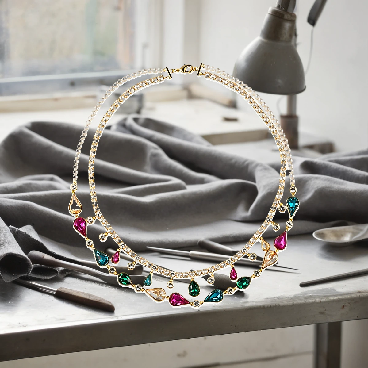 Jeweler assembling a colorful crystal layered necklace