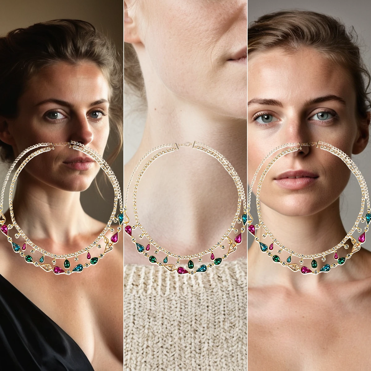 Three styling ideas for a colorful crystal layered necklace