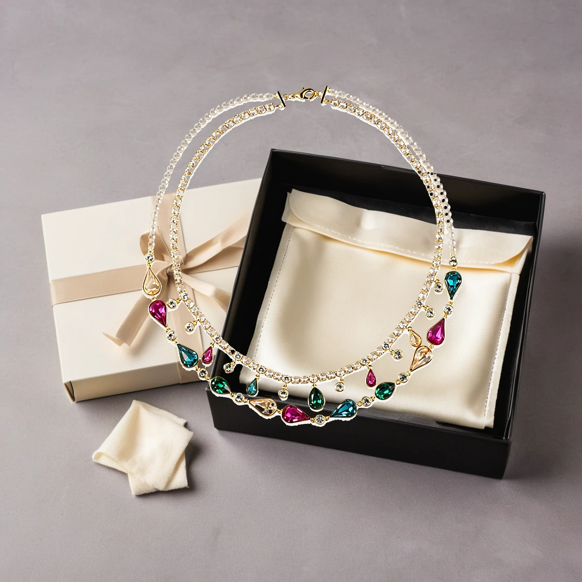 Colorful crystal necklace with premium jewelry packaging set