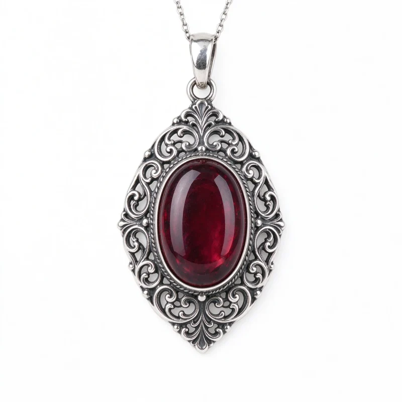 Garnet pendant necklace in 925 sterling silver on white background