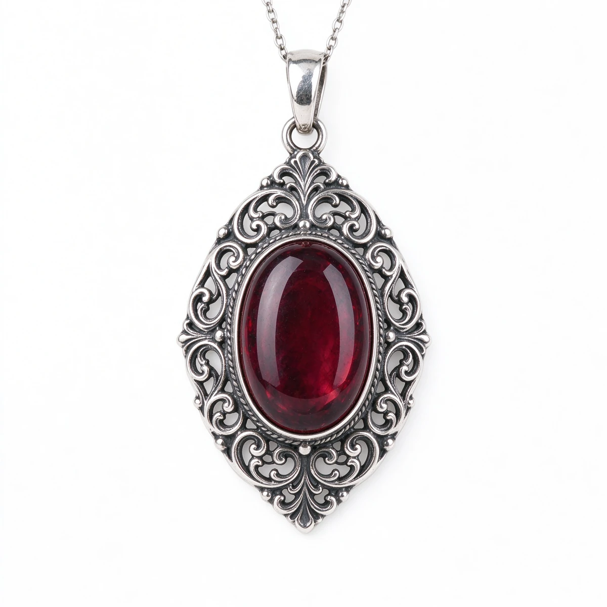 Garnet Pendant Necklace - Vintage Oval 925 Silver