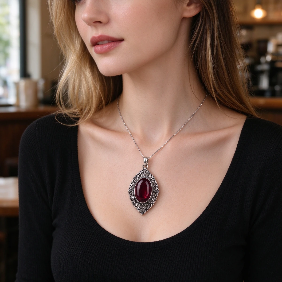 Model wearing vintage garnet pendant necklace in 925 sterling silver
