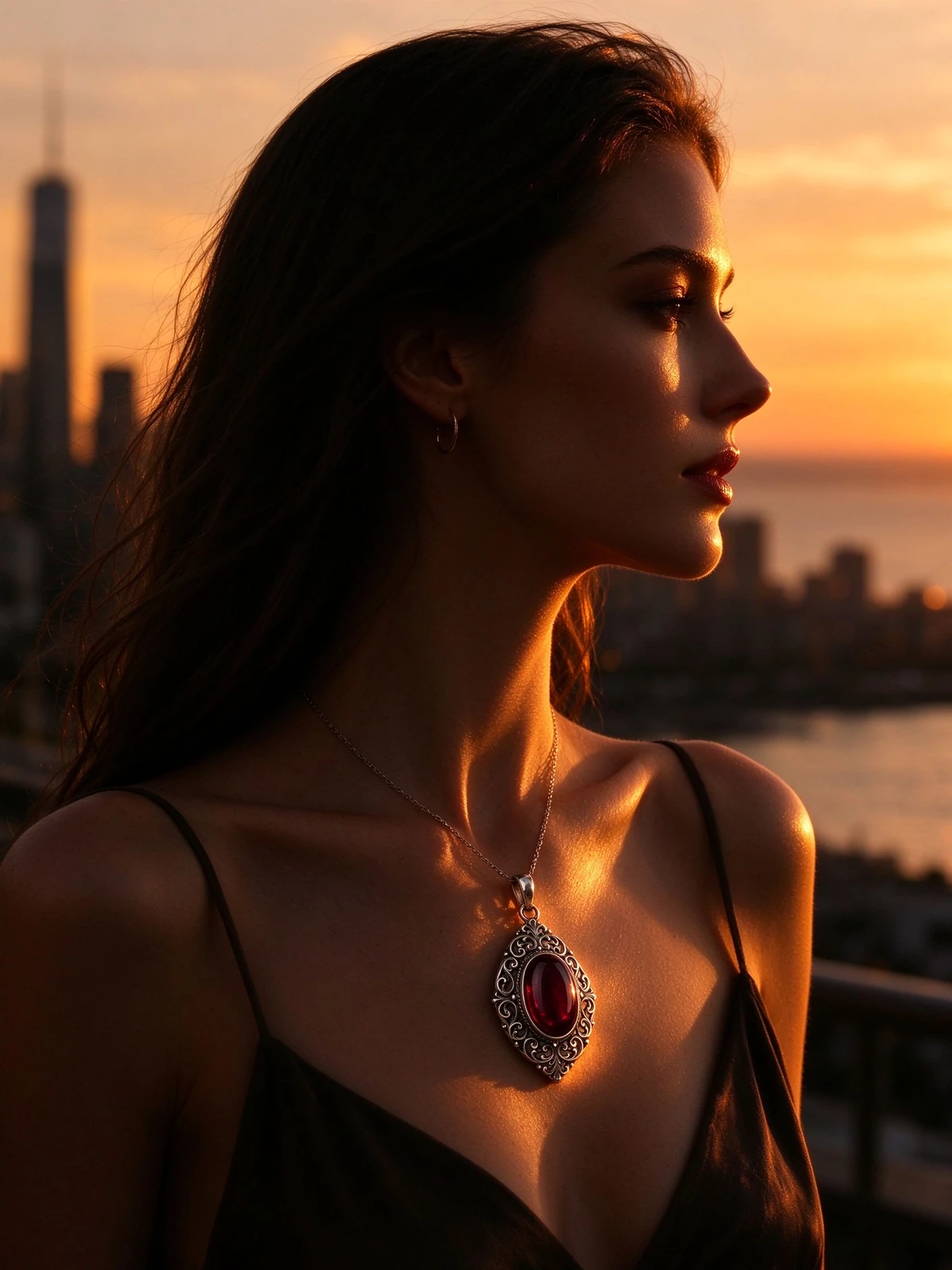 Woman wearing garnet pendant necklace in golden hour styling