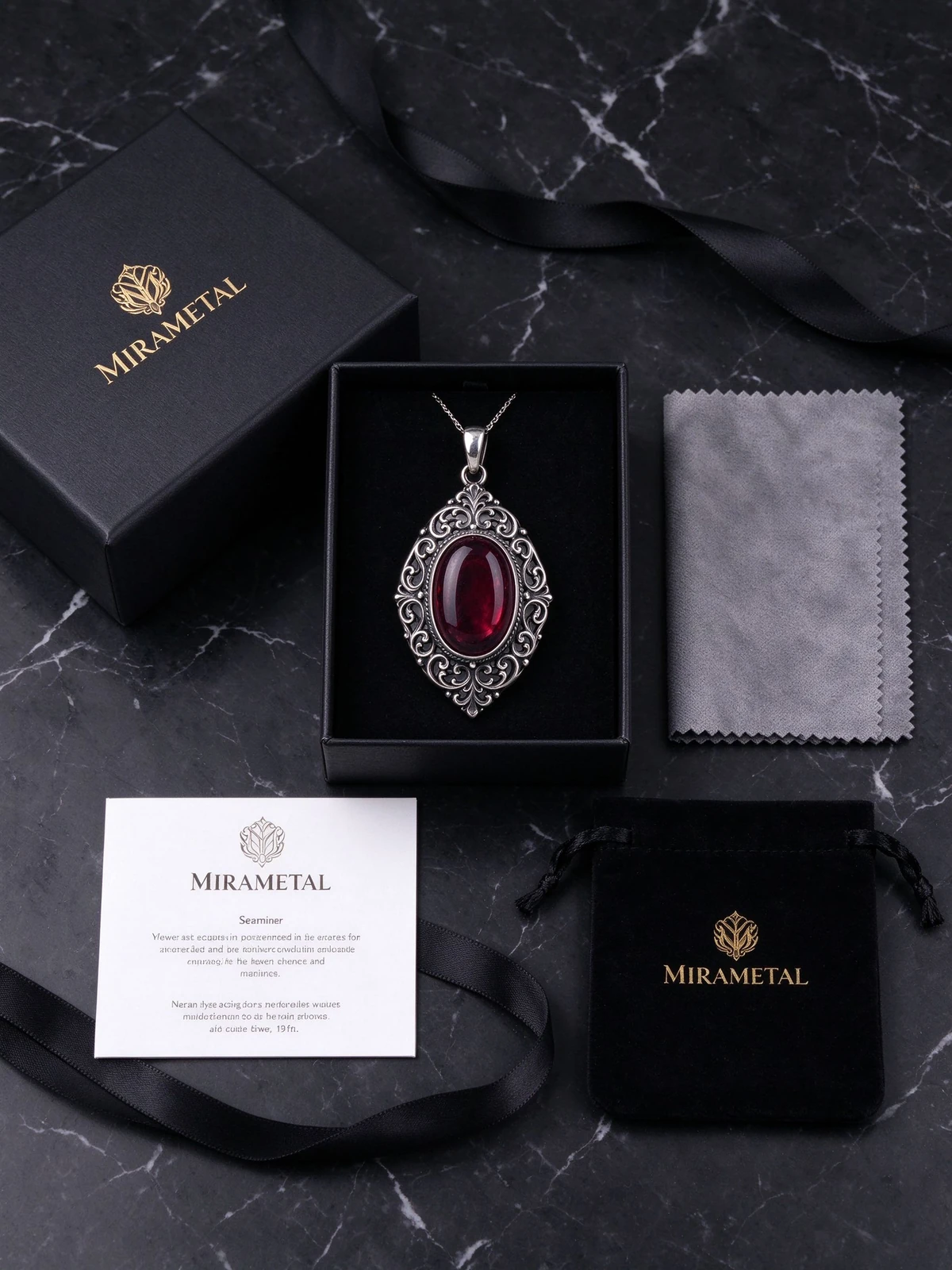 Garnet pendant necklace packaging flatlay for gift presentation
