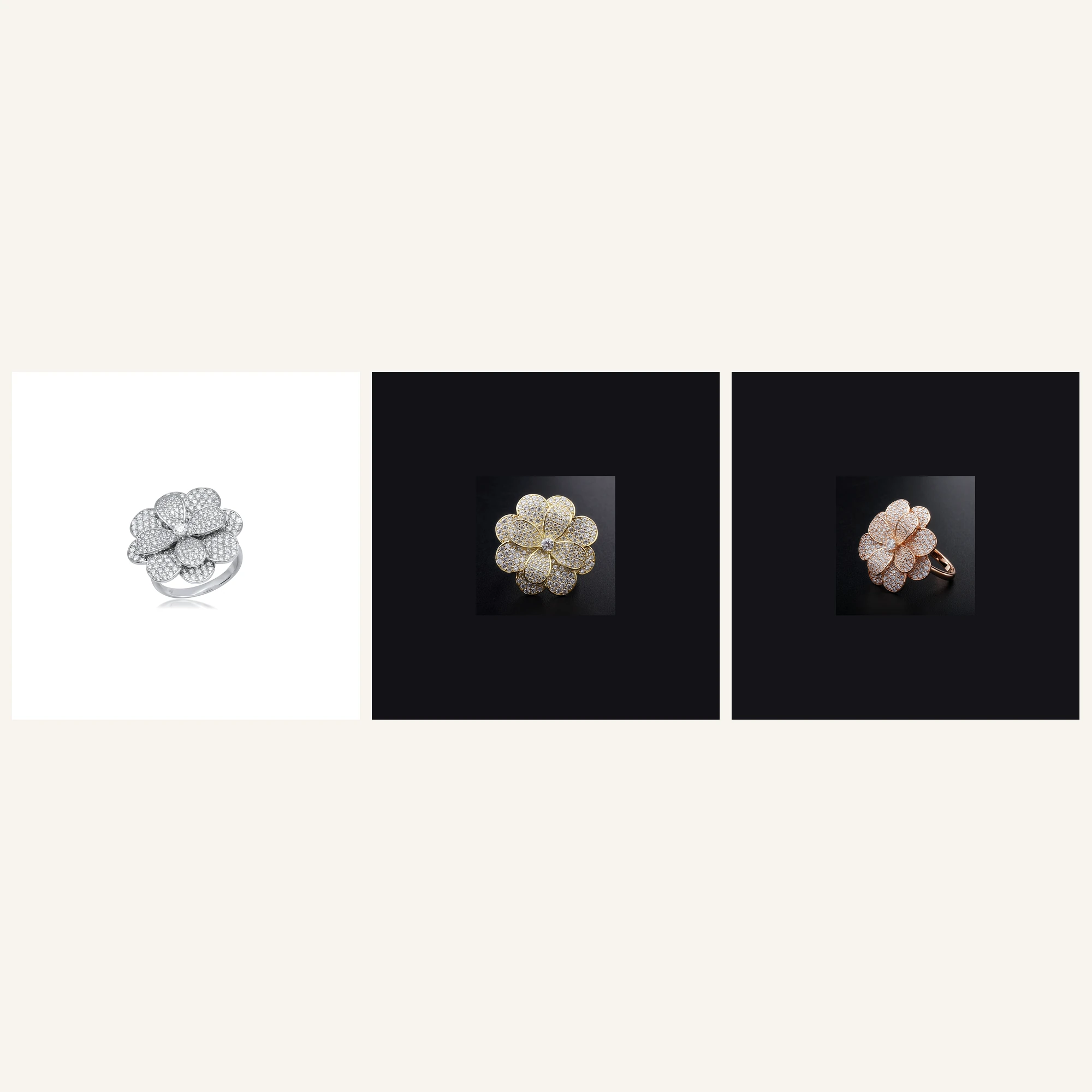 925 silver flower zirconia ring in three electroplated colors