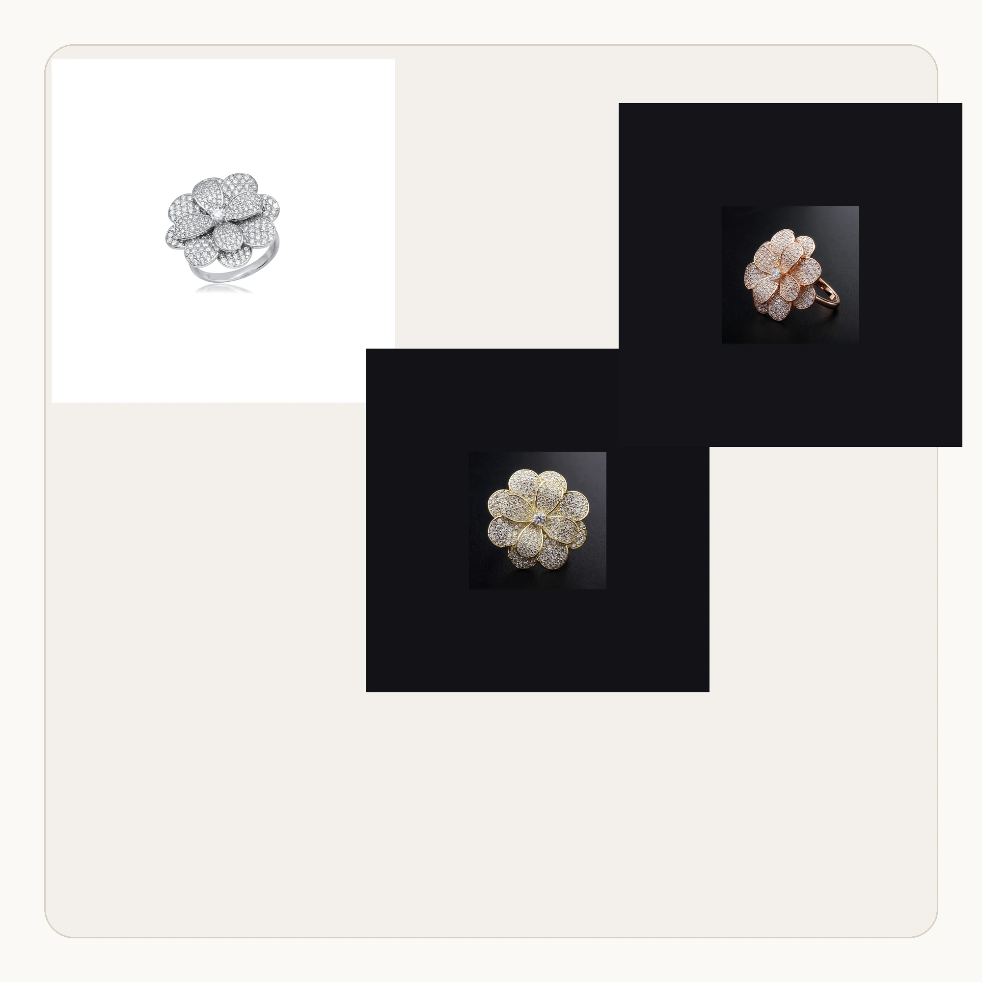 Wholesale flower zirconia ring color and bulk presentation