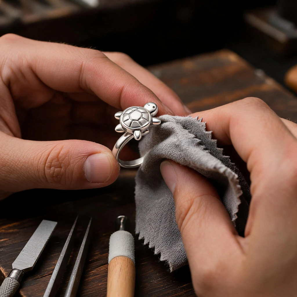 OEM jewelry manufacturing: hand polishing a 925 sterling silver ring, the finishing stage in the OEM jewelry manufacturing process