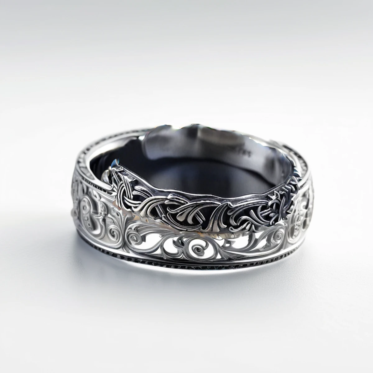 Close-up of the oxidized silver cuff bracelet Gothic scrollwork