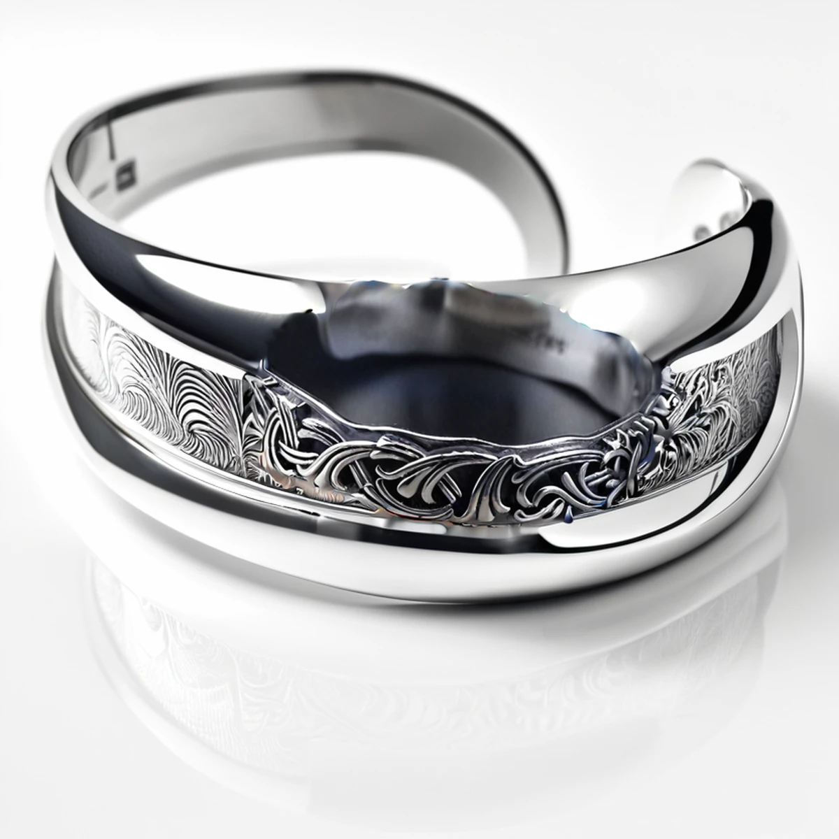 Close-up of the oxidized silver cuff bracelet inner band and polished silver