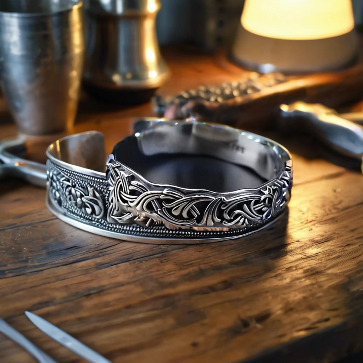 Oxidized silver cuff bracelet on a jeweller workbench with fine tools