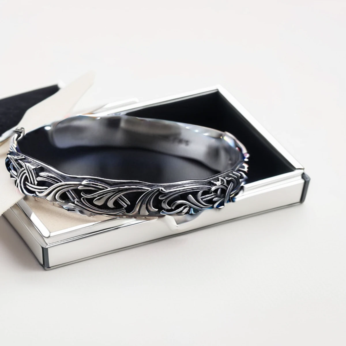 Oxidized silver cuff bracelet with velvet jewellery box and suede pouch