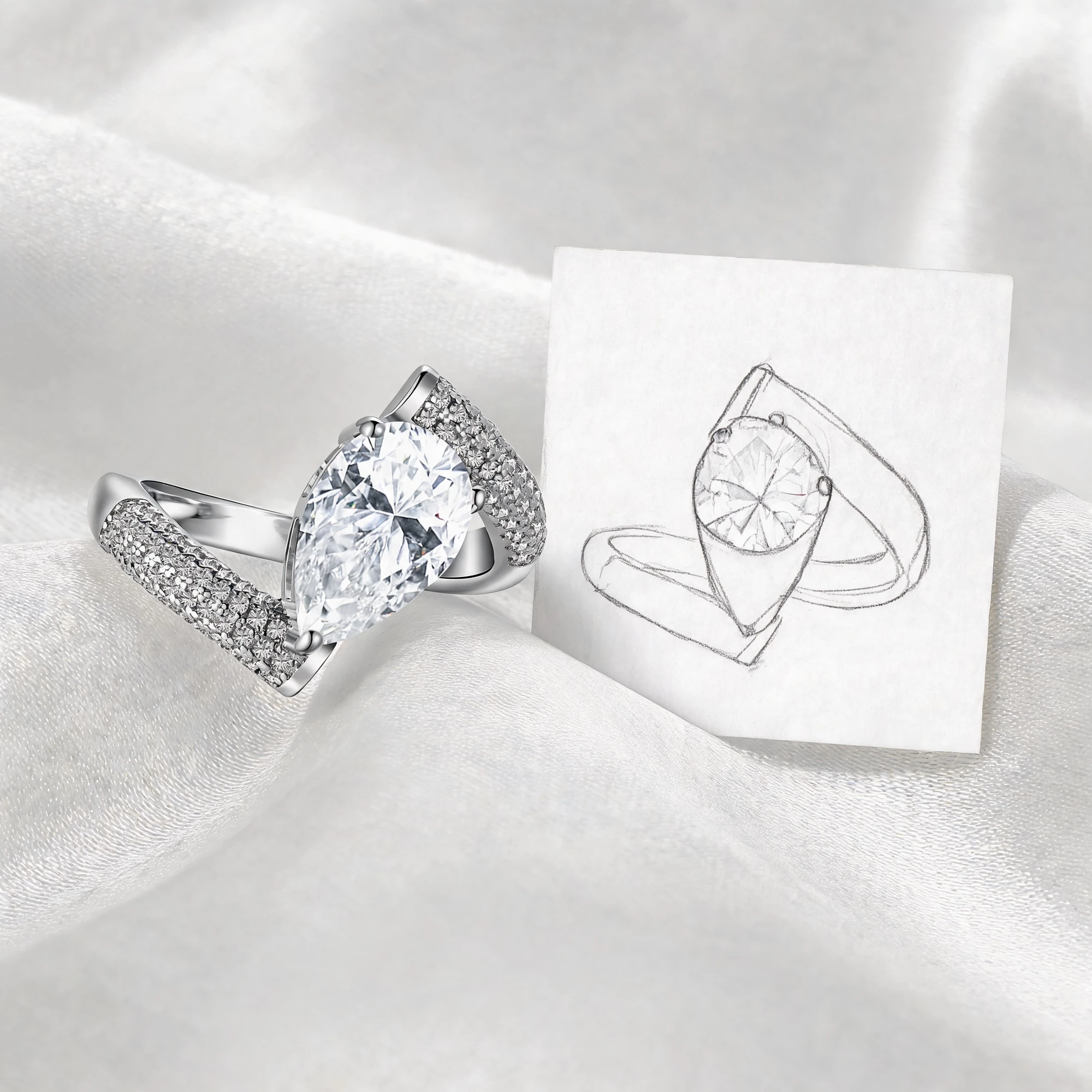 Design Story of the Pear Moissanite Ring with Waterdrop Silhouette and Split-Shank Band